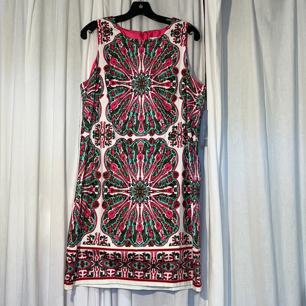 London Times Pink and green print shift dress with border design - NWT